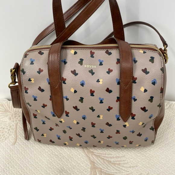 Fossil Multicolor With Hearts, Crossbody Handbag Purse 11” Wide 8 1/2”deep